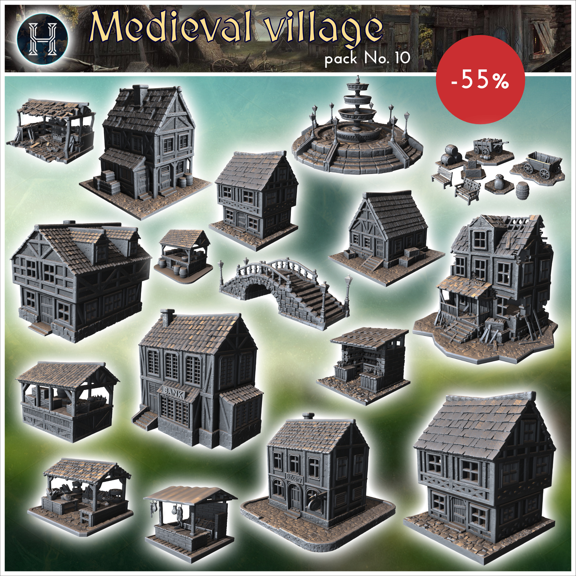 Medieval village pack No. 10 - Medieval Gothic Feudal Old Archaic Saga 28mm 15mm RPG